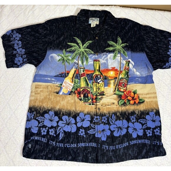 VTG Big Dogs It’s Five O’clock Somewhere Beer Beach Island Button Up Tee Size L - Picture 2 of 14